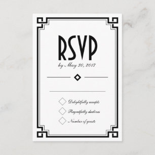 Carte RSVP de mariage blanc cadre Art déco rétro