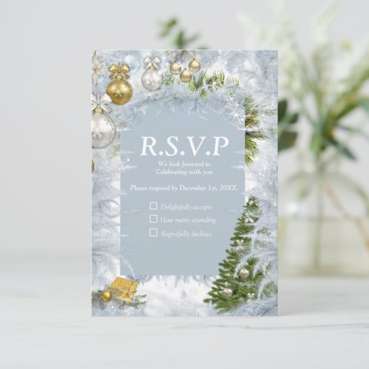 Carte RSVP de mariage blanc de Noël (Debout devant)