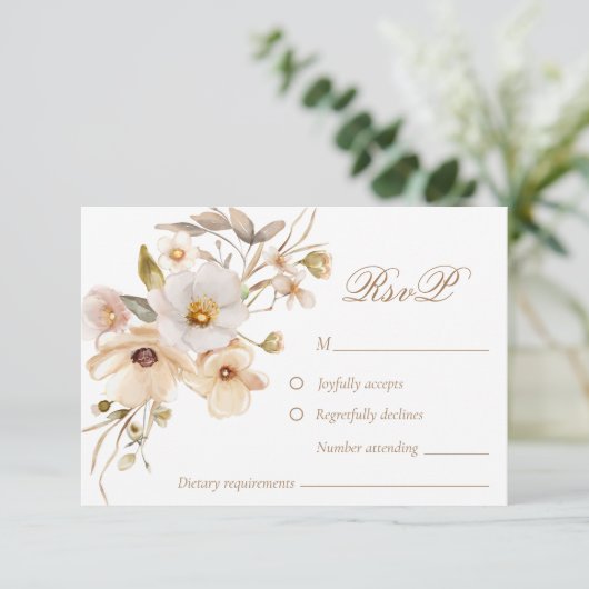 Carte RSVP de mariage blanc Fleur sauvage neutre (Debout devant)