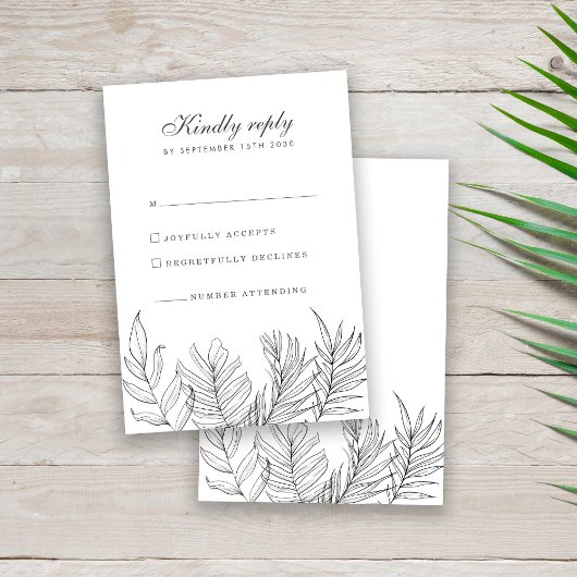 Carte RSVP de mariage blanc noir feuille tropicale
