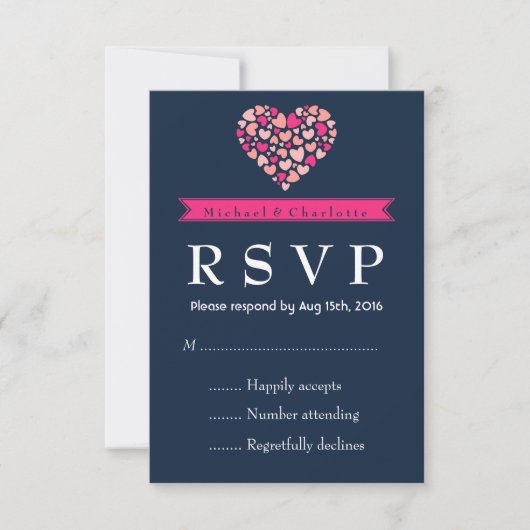 Carte RSVP de mariage bleu bleu marine avec amour (Devant)