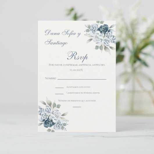 Carte RSVP de mariage bleu espagnol (Debout devant)