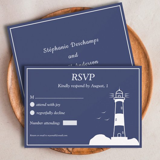 Carte RSVP de mariage bleu Lighthouse Navy