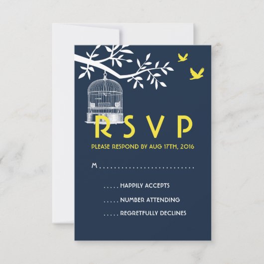 Carte RSVP de mariage bleu marine Cage d'oiseaux V (Devant)