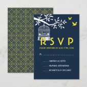 Carte RSVP de mariage bleu marine Cage d'oiseaux V (Devant / Derrière)