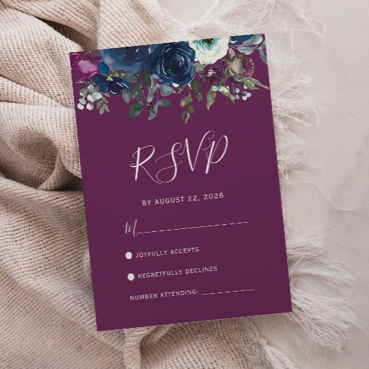 Carte RSVP de mariage bleu marine floral