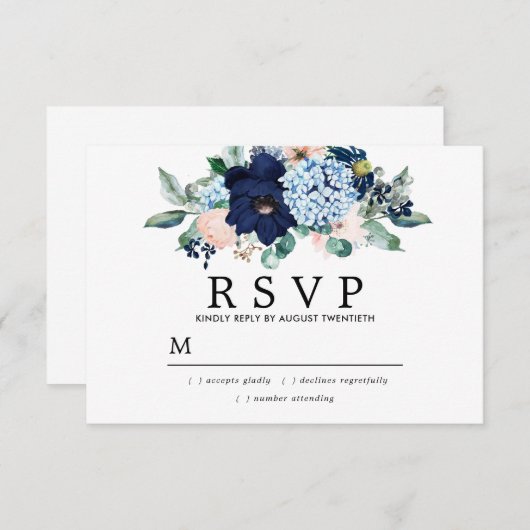 Carte RSVP de mariage bleu rose rustique (Devant / Derrière)