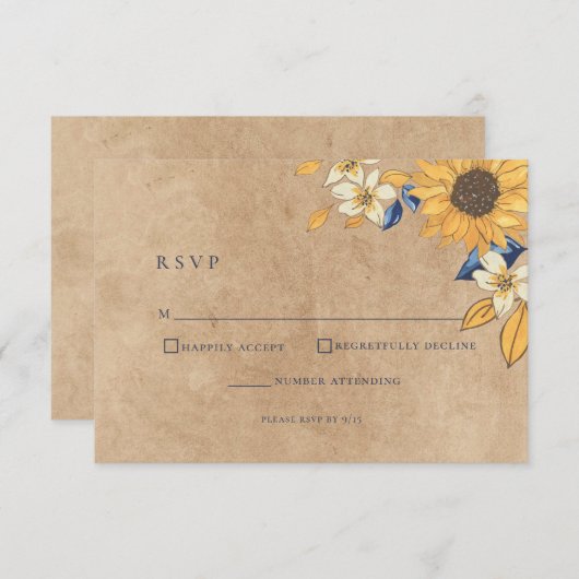 Carte RSVP de mariage bleu Tournesol rustique (Devant / Derrière)