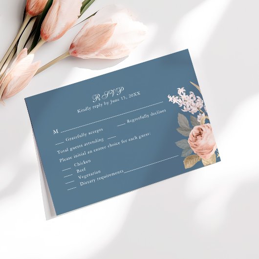Carte RSVP de mariage Boho Blue et Blush Peonies