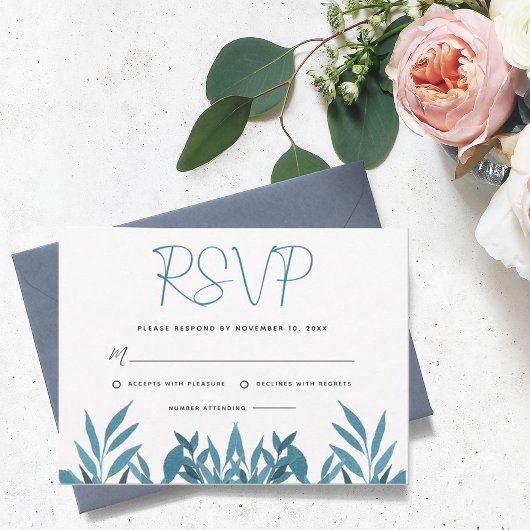 Carte RSVP de mariage botanique bleu