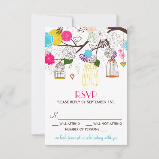 Carte RSVP de mariage Cages à oiseaux et fleurs co (Devant)