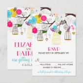 Carte RSVP de mariage Cages à oiseaux et fleurs co (Devant / Derrière)