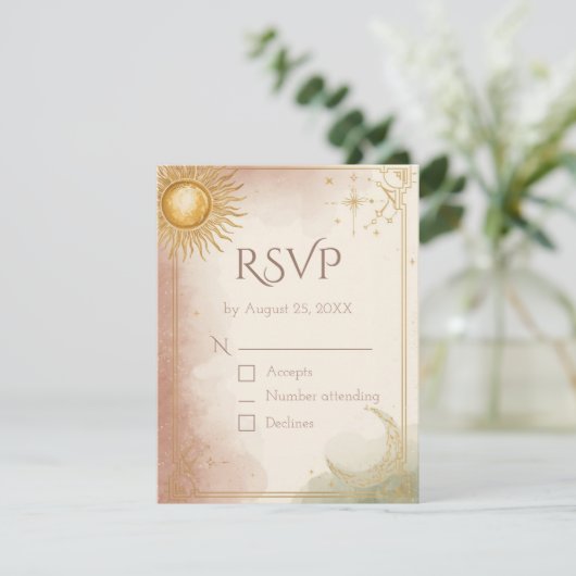 Carte RSVP de mariage céleste QR Code Pink Sage Or (Debout devant)