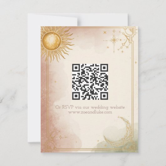 Carte RSVP de mariage céleste QR Code Pink Sage Or (Dos)