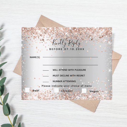 Carte RSVP de mariage choy rose or en argent