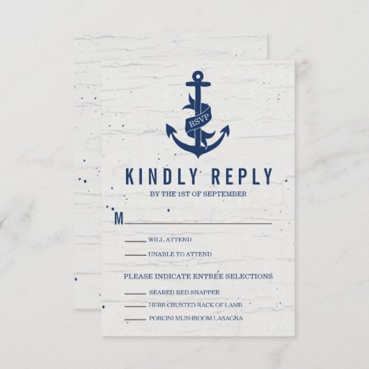 Carte RSVP de mariage d'Ancres rustiques / Marine (Devant / Derrière)