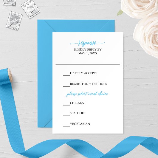 Carte RSVP de mariage de calligraphie bleue
