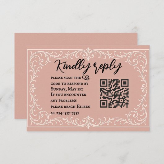 Carte RSVP de mariage de code QR Hirloom rose (Devant / Derrière)
