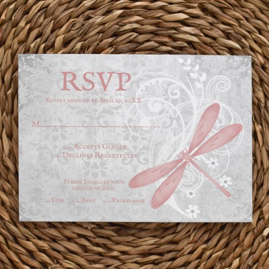 Carte RSVP de mariage de libellules roses