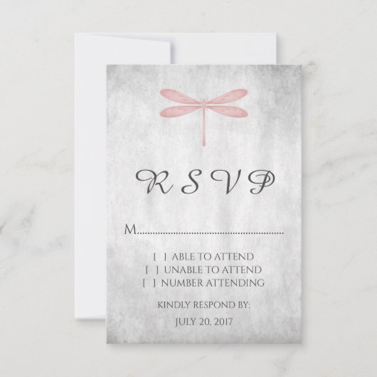 Carte RSVP de mariage de libellules roses (Devant)