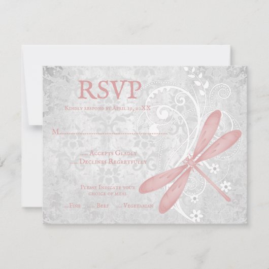 Carte RSVP de mariage de libellules roses (Devant)
