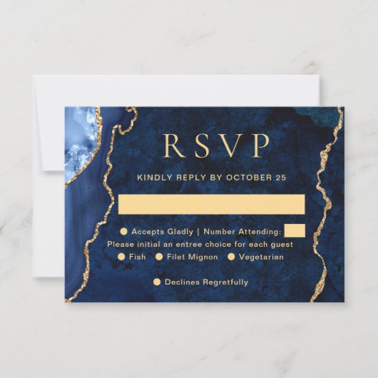 Carte RSVP de mariage de marbre bleu doré moderne (Devant)