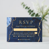 Carte RSVP de mariage de marbre bleu doré moderne (Debout devant)