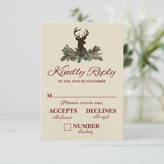 Carte RSVP de mariage de pin d'hiver rustique (Debout devant)