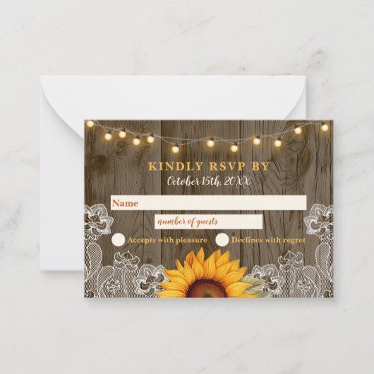 Carte RSVP de mariage de tournesol en bois rustiqu (Devant)