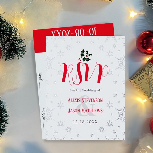 Carte RSVP de mariage d'hiver Red and White Snowfl