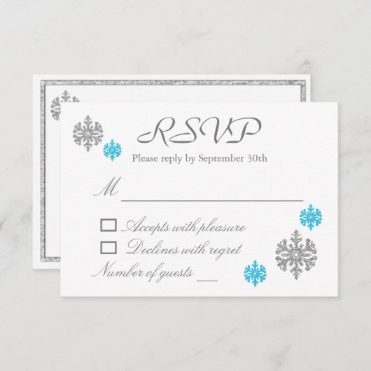 Carte RSVP de mariage d'hiver Silver Blue Snowflak (Devant / Derrière)