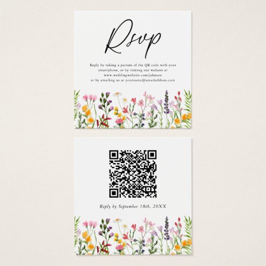 Carte RSVP de mariage du Fleur sauvage de code QR (Devant & derrière)