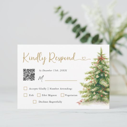 Carte RSVP de mariage élégant de Noël avec code Qr (Debout devant)