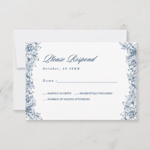 Carte RSVP de mariage élégante Fleur Blanche Bleue