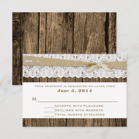 Carte RSVP de mariage en bois rustique et dentelle (Devant / Derrière)