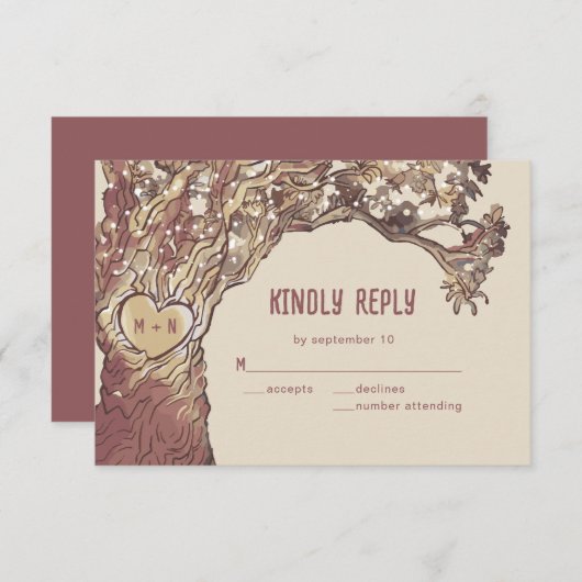 Carte RSVP de mariage en chêne de coeur sculpté ru (Devant / Derrière)