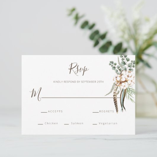 Carte RSVP de mariage en coton vert (Debout devant)
