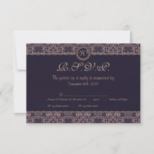 Carte RSVP de mariage en dentelle pourpre damassé
