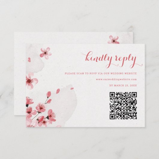 Carte RSVP de mariage en fleurs cerises QR Code (Devant / Derrière)