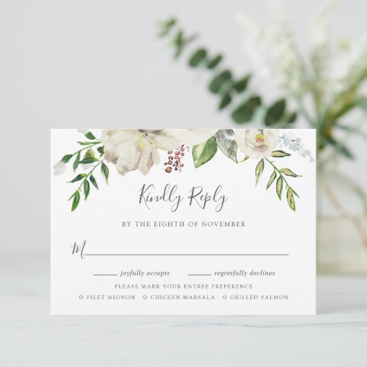 Carte RSVP de mariage en fleurs dorées avec choix  (Debout devant)