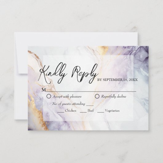 Carte RSVP de mariage en marbre violet et or (Devant)