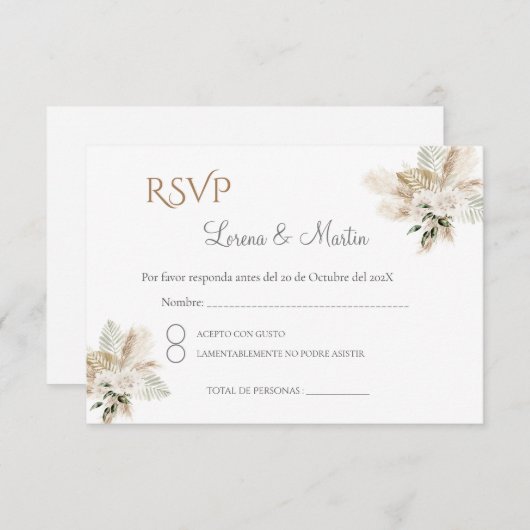 Carte RSVP de mariage espagnol Boho (Devant / Derrière)