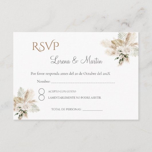 Carte RSVP de mariage espagnol Boho (Devant)