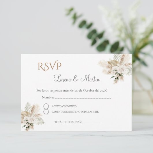 Carte RSVP de mariage espagnol Boho (Debout devant)
