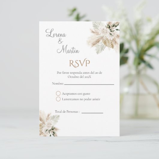 Carte RSVP de mariage espagnol Boho (Debout devant)