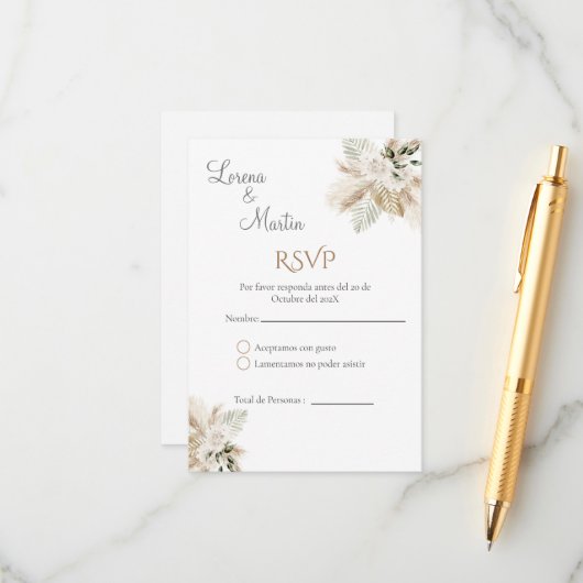 Carte RSVP de mariage espagnol Boho (Devant/Arrière en situation)