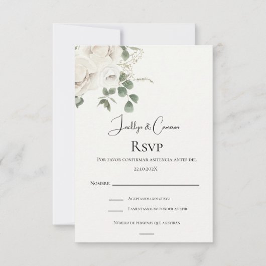 Carte RSVP de mariage espagnol floral blanc (Devant)