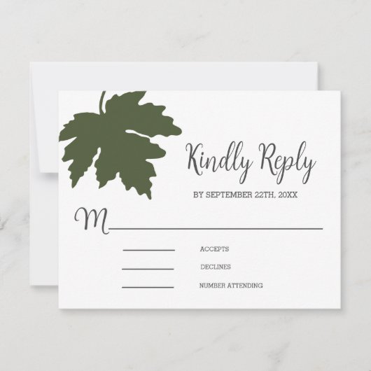 Carte RSVP de mariage feuille d'érable vert olive  (Devant)
