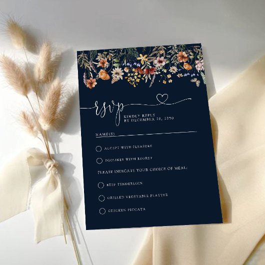 Carte RSVP de mariage Fleur sauvage bleu bleu mari