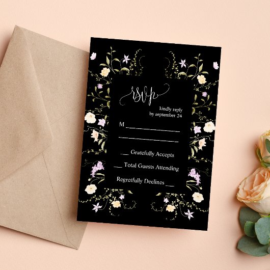 Carte RSVP de mariage Fleur sauvage noir et blanc